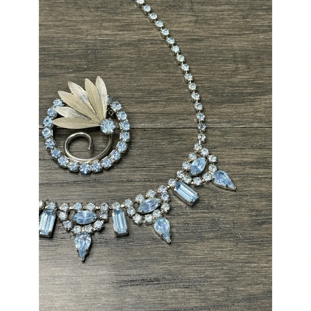 Vintage Prong Set Blue Rhinestone Bib Necklace & Fan Brooch Set Silver Tone 1950